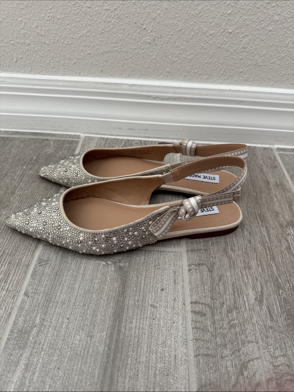 Steve Madden Silver Crystal Embellished Pointed Slingback Flats with Bow